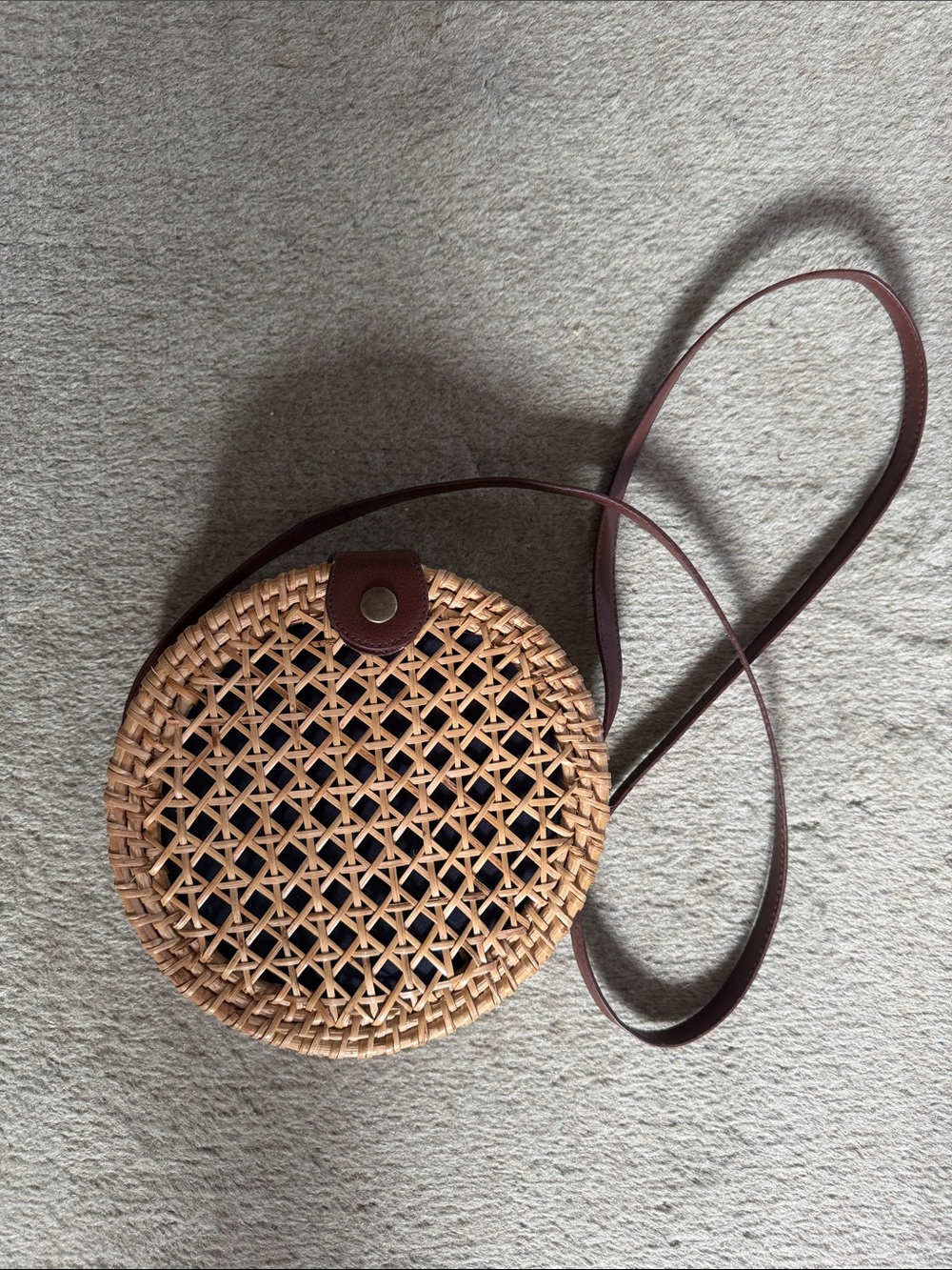 J. Crew Factory Round Woven Straw Crossbody Bag with Brown Strap